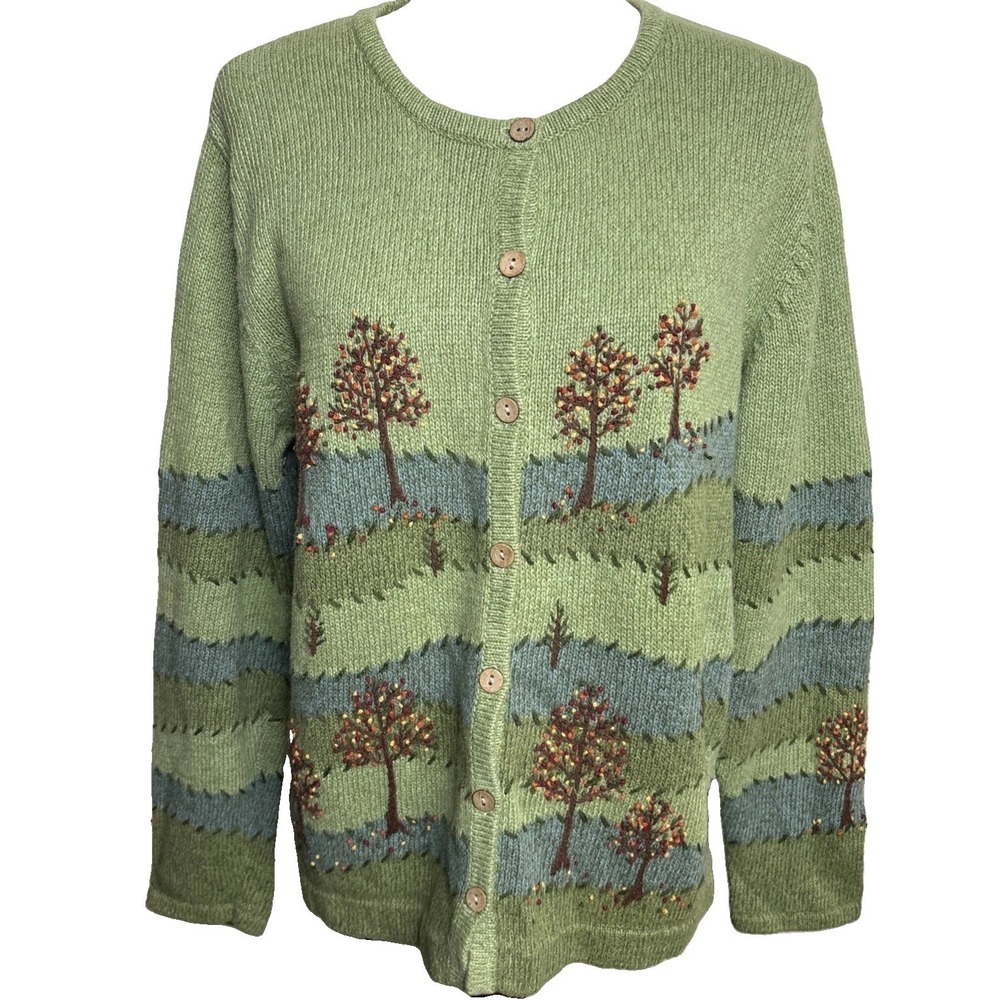 Vintage Fall Trees Cardigan Sweater Embroidered Womens Large Green Cottage 3D